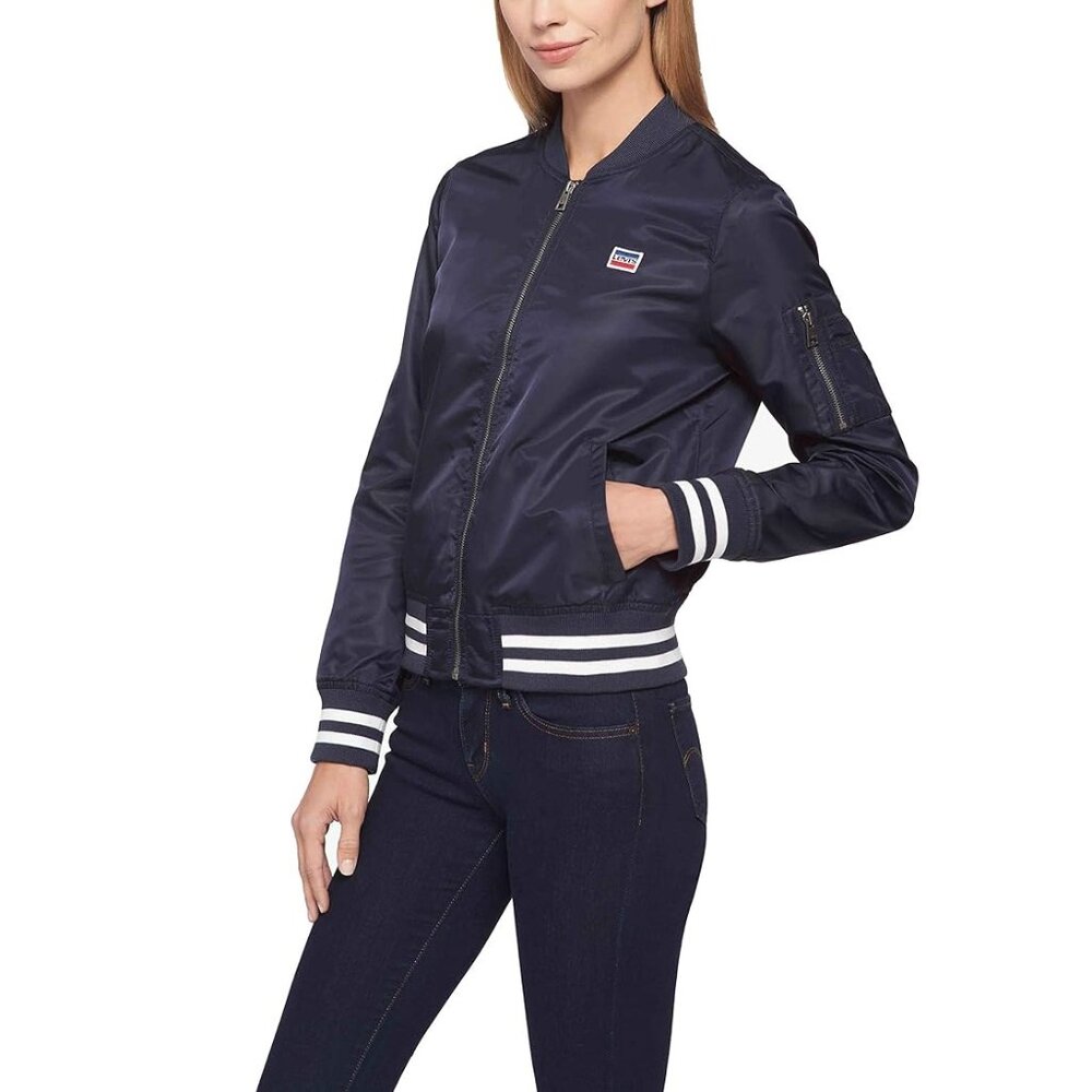 Levi's Retro Style Satin Look Bomber Jacket in Navy Blue Like New - Picture 3 of 9